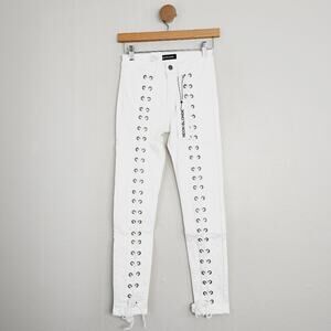 Neon Blonde Blondie Tie-Up Skinny Jeans White Denim Lace-Up Velvet Revolve 24